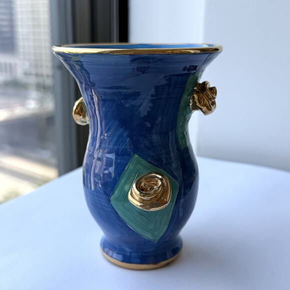Mary Rose Young Studio Pottery Blue And Green Gold Rose Floral Vase Signed 1995 - Picture 4 of 10